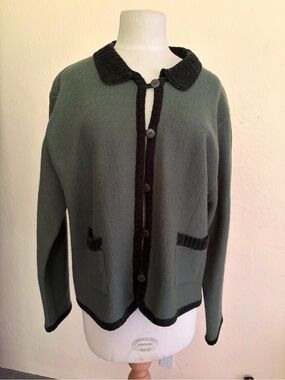 April Cornell vintage Green Knit Button-Up Cardigan with Green Trim